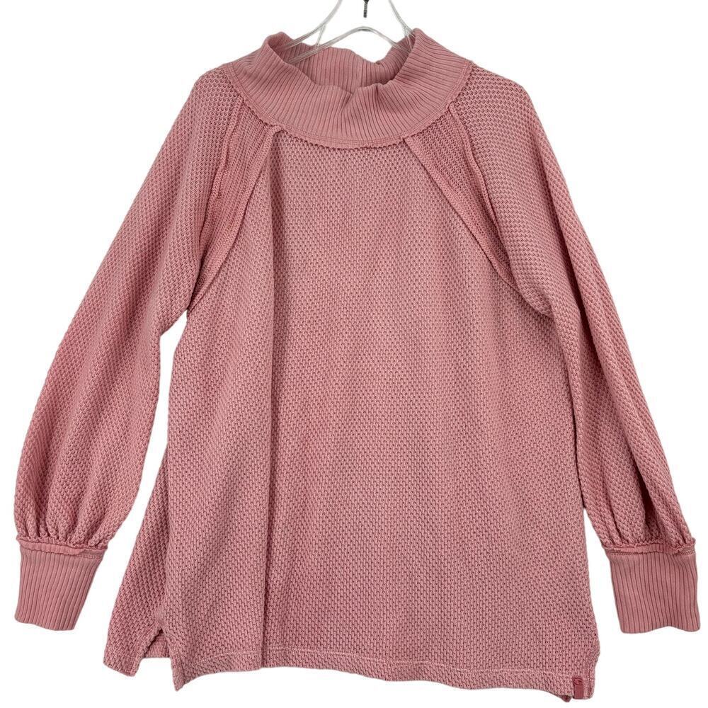 Free People Thermal Top Womens Size M Pink Waffle Knit Balloon Sleeve Oversized